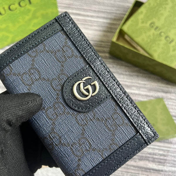 OPHIDIA GG 12 CARD CASE DARK BLUE CANVAS AND BLACK CALFSKIN