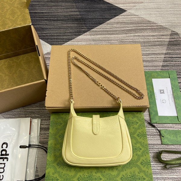 BORSA MINI JACKIE NOTTE 19 IN PELLE DI VITELLO LACCATA SCREPOLATA GIALLO CHIARO E FERRAMENTA ORO