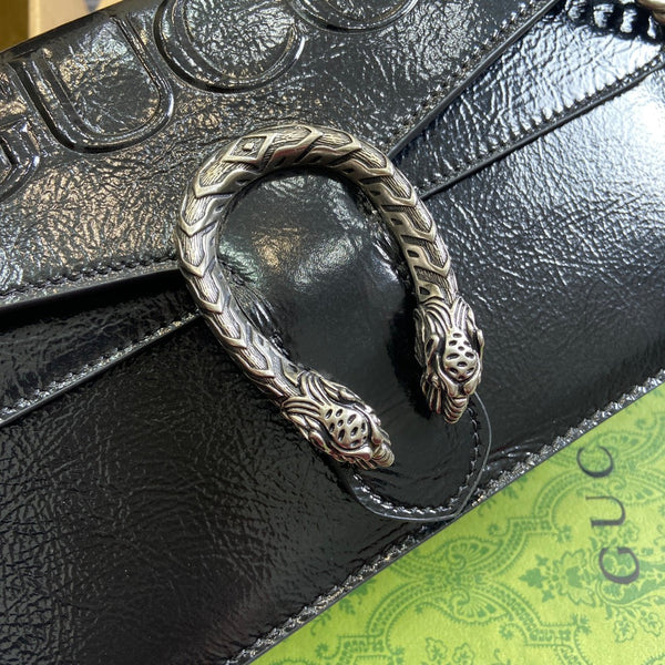 BORSA A TRACOLLA PICCOLA DYONYSUS 28 IN PELLE DI VITELLO GOFFRATA LACCATA NERA, FERRAMENTA IN ARGENTO