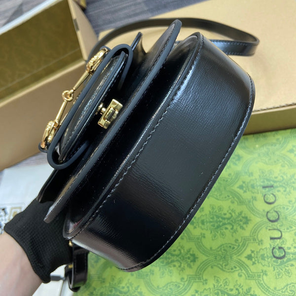 BORSA MINI CON MANICO SUPERIORE HORSEBIT 1955 18 IN PELLE DI VITELLO NERA E FERRAMENTA ORO