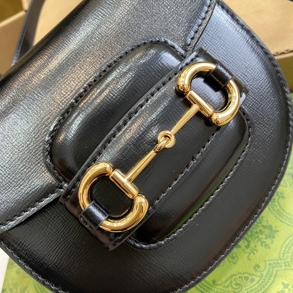 BORSA MINI CON MANICO SUPERIORE HORSEBIT 1955 18 IN PELLE DI VITELLO NERA E FERRAMENTA ORO
