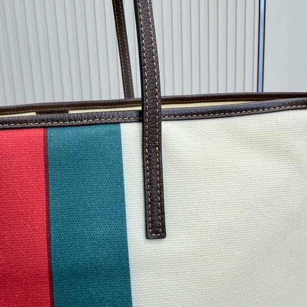 GG Tribeca Large Tote Bag Cream Red Green Canvas Cowhide 141731