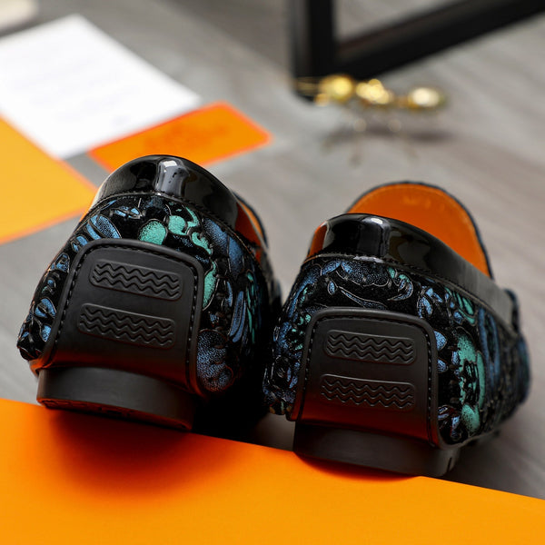 HM FLOWERS MOTIF LOAFER BLACK CALFSKIN