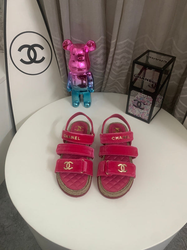 CC 26s Strappy Sandals In Pink Velvet With Rope Sole Gold Hardware