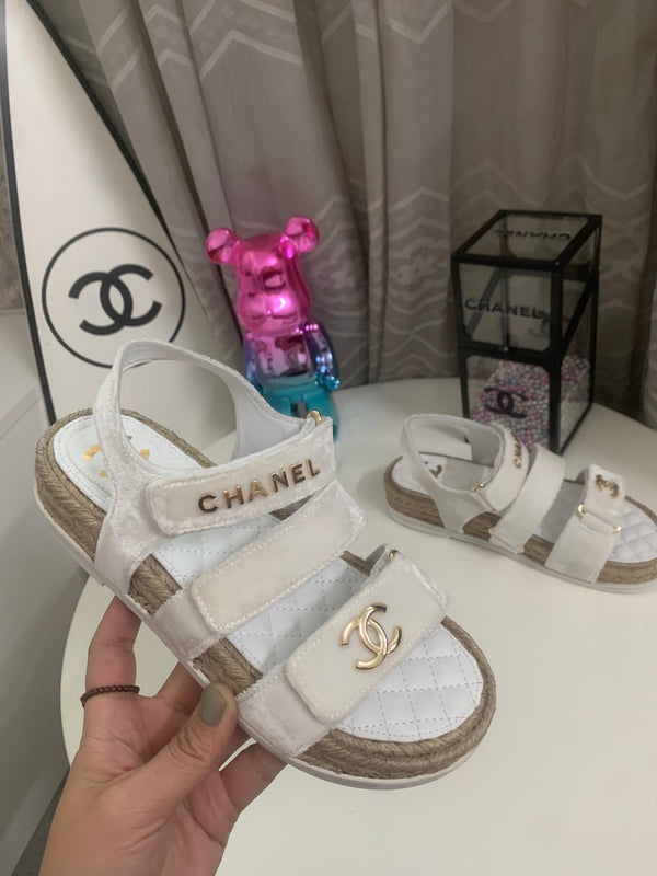 CC 26s Strappy Sandals In White Velvet With Rope Sole Gold Hardware