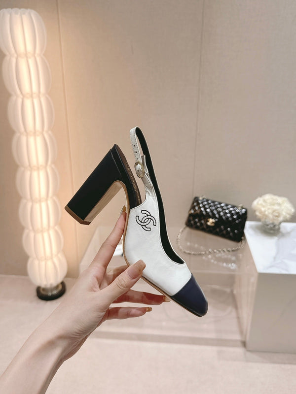 CC 24P SLINGBACKS 95MM WHITE BLACK LAMBSKIN