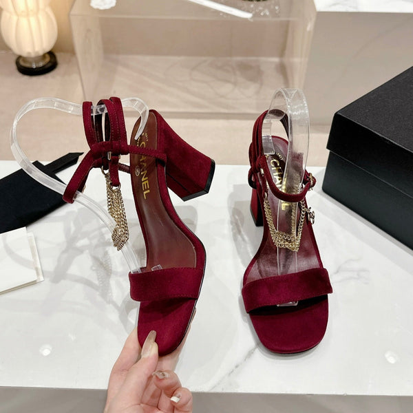 Double C Leather High Heel Sandals Red Cherry