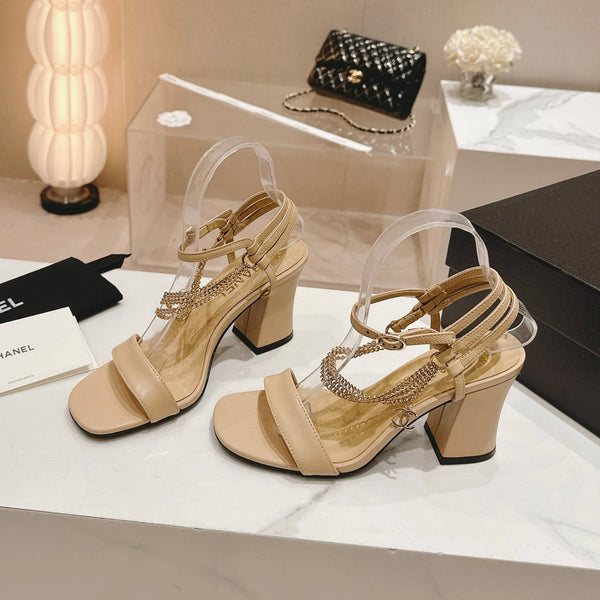Double C Leather High Heel Sandals Beige Cream