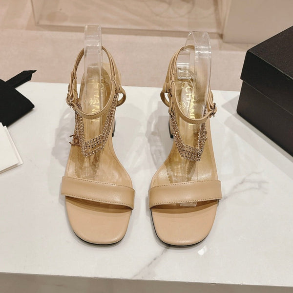 Double C Leather High Heel Sandals Beige Cream