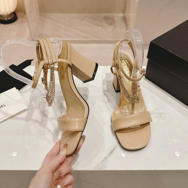 Double C Leather High Heel Sandals Beige Cream