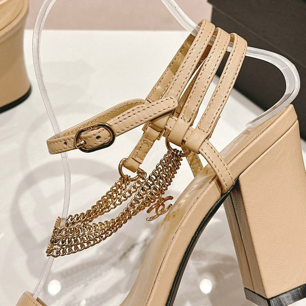 Double C Leather High Heel Sandals Beige Cream