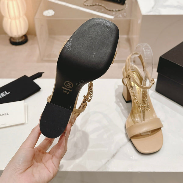 Double C Leather High Heel Sandals Beige Cream