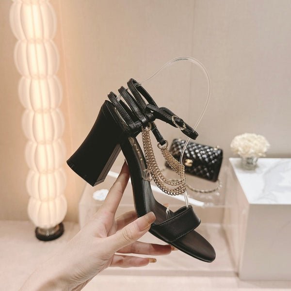 Double C Leather High Heel Sandals Black