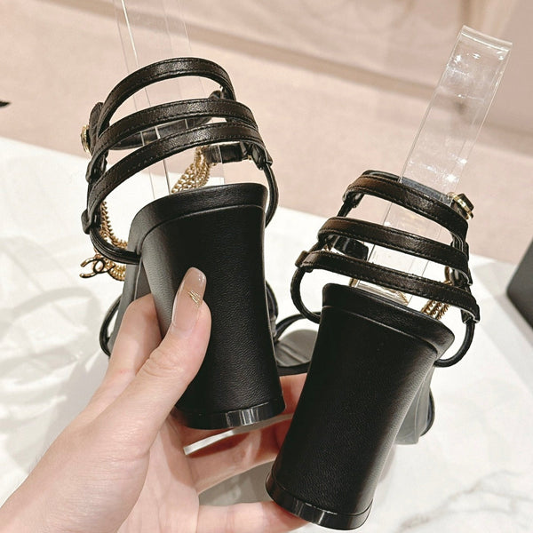 Double C Leather High Heel Sandals Black