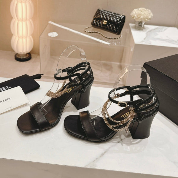 Double C Leather High Heel Sandals Black