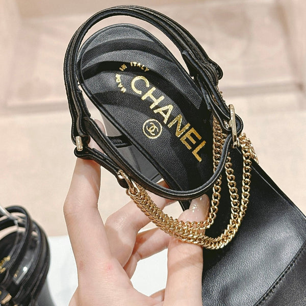 Double C Leather High Heel Sandals Black