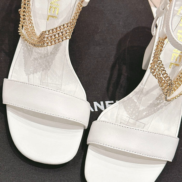 Double C Leather High Heel Sandals White