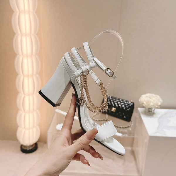 Double C Leather High Heel Sandals White
