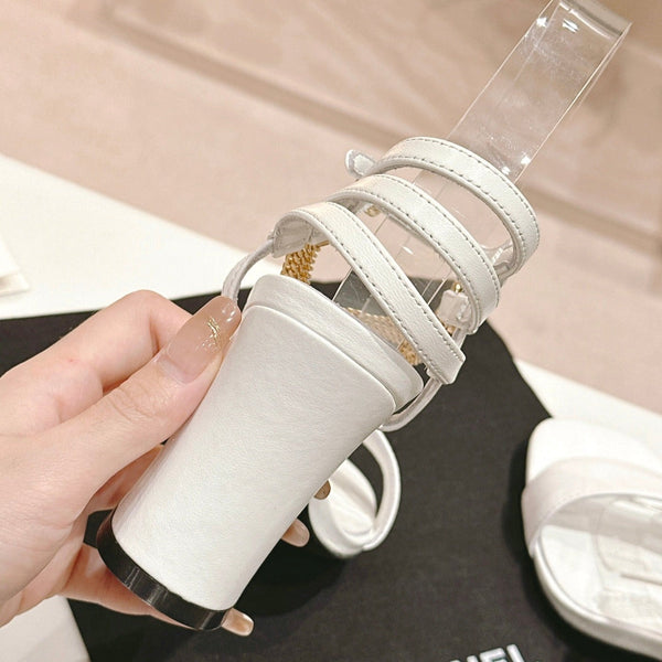 Double C Leather High Heel Sandals White