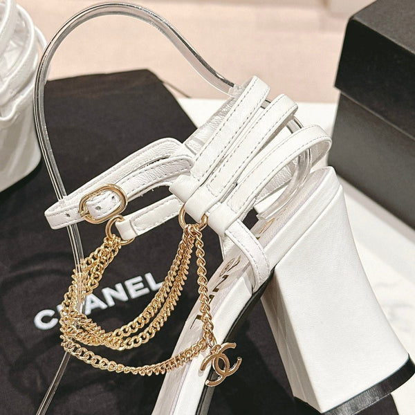 Double C Leather High Heel Sandals White