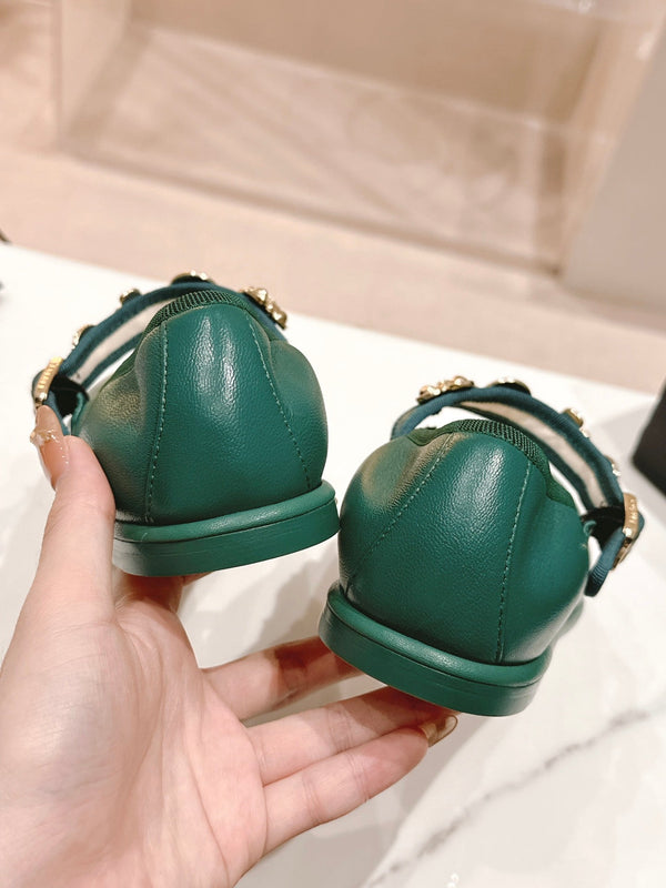 CC MARY JANES GREEN CALFSKIN LIGHT GOLD METALIC