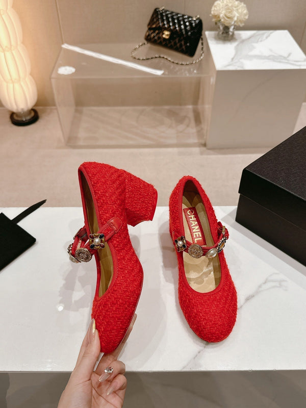 MARY JANE SHOES RED PINK WOOL TWEED