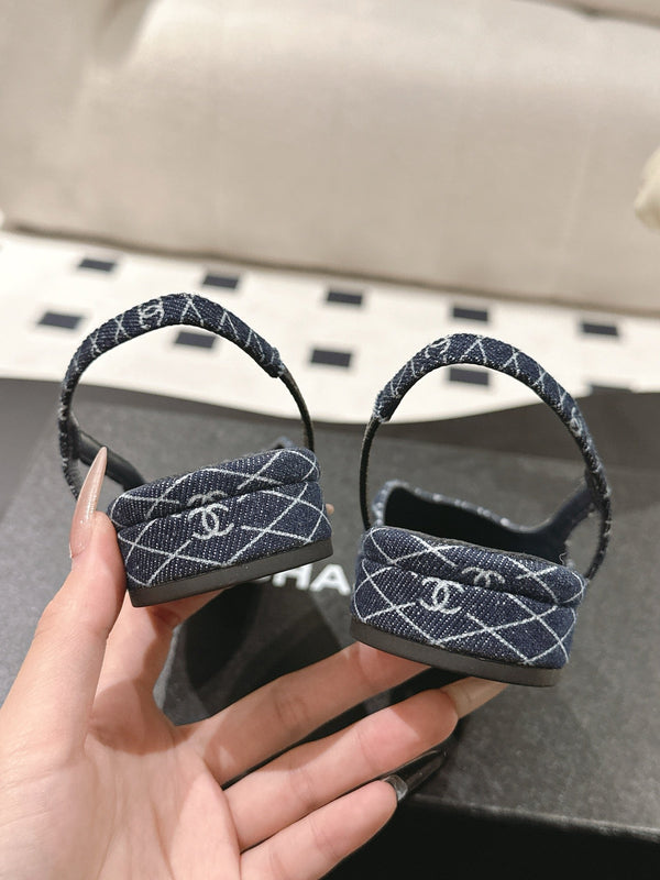 cc 25c slingback flat 15mm cross line pattern dark blue denim 237486