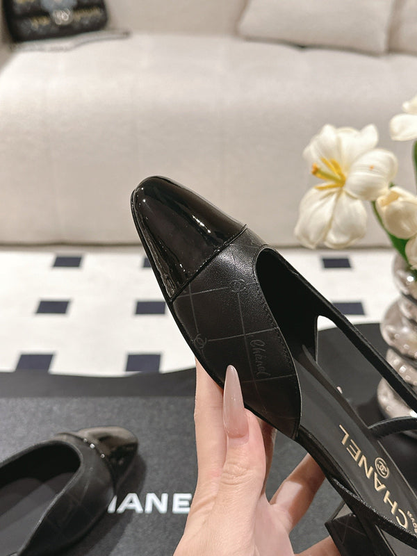 cc 25c slingback flat 15mm cross line pattern black lambskin 237492