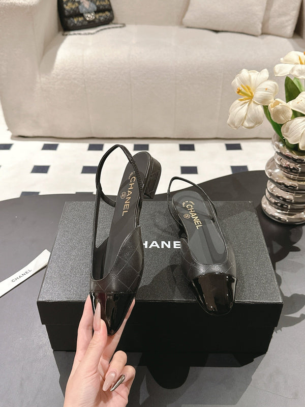 cc 25c slingback flat 15mm cross line pattern black lambskin 237492