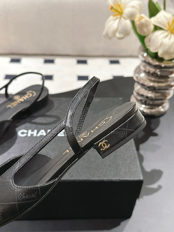 cc 25c slingback flat 15mm cross line pattern black lambskin 237492