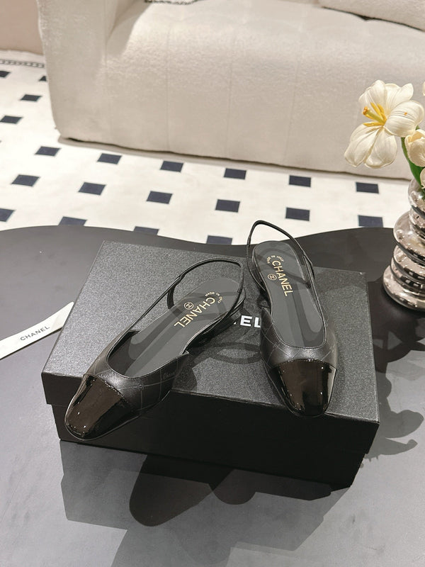 cc 25c slingback flat 15mm cross line pattern black lambskin 237492