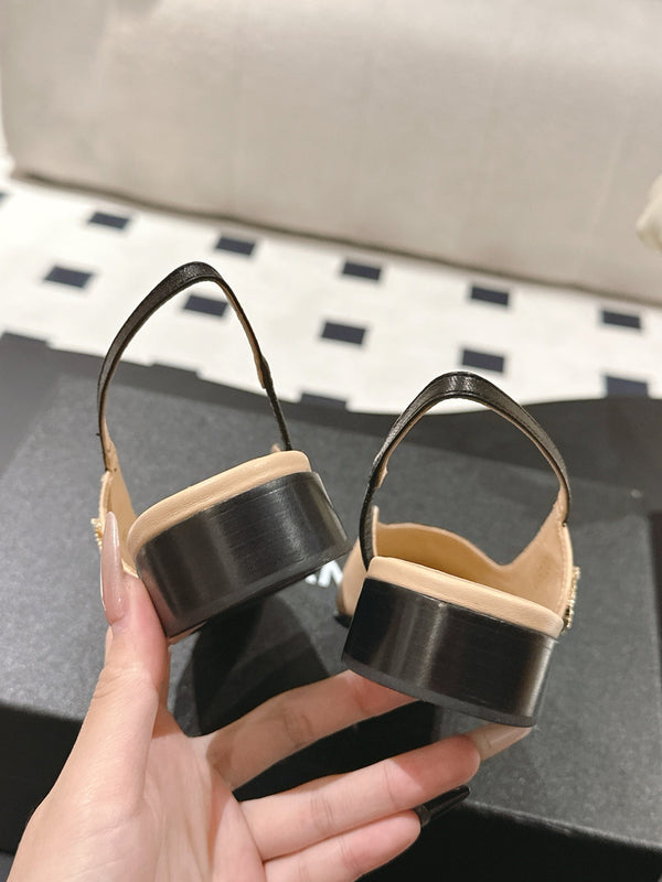 cc 2024k slingback 30mm beige black pattern calfskin 237499