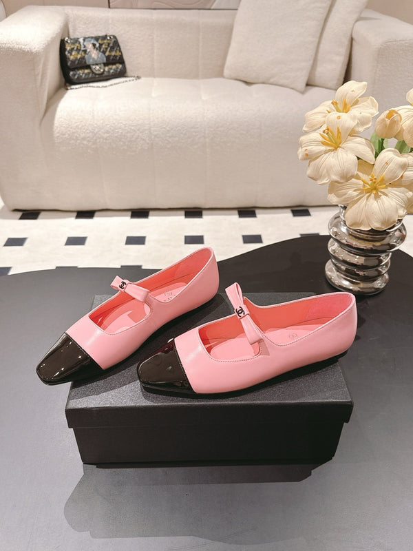 CC 25B Small Bow Buckle Ballet Flats 10mm Black Pink Sheepskin Patent Leather 415746