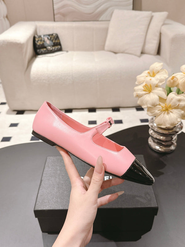 CC 25B Small Bow Buckle Ballet Flats 10mm Black Pink Sheepskin Patent Leather 415746
