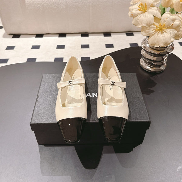 CC 25B Small Bow Buckle Ballet Flats 10mm Black Beige Sheepskin Patent Leather 415749