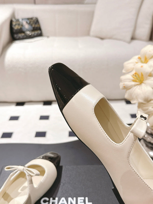 CC 25B Small Bow Buckle Ballet Flats 10mm Black Beige Sheepskin Patent Leather 415749