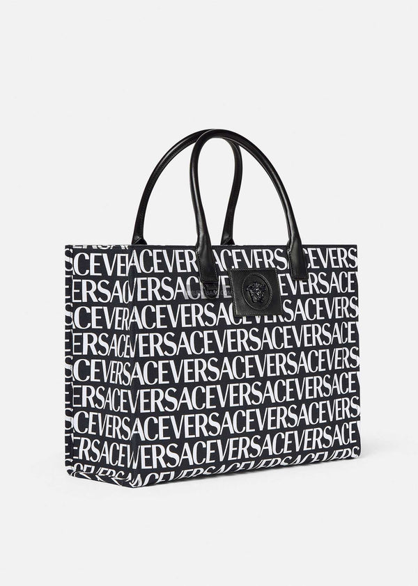 Versace Black White Logo Print Denim Canvas Tote Bag 40 With Cowhide Handle 175563