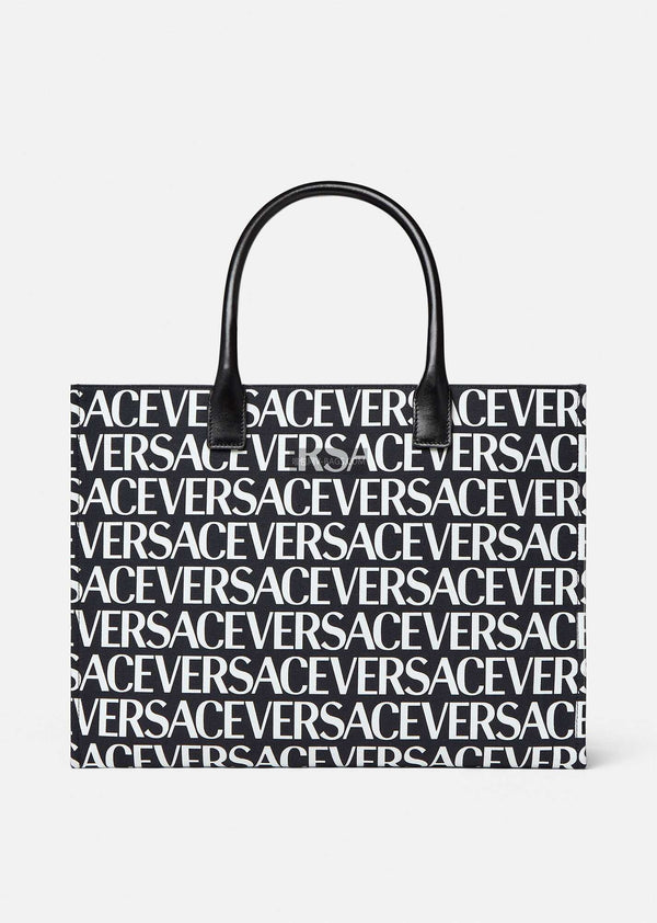 Versace Black White Logo Print Denim Canvas Tote Bag 40 With Cowhide Handle 175563