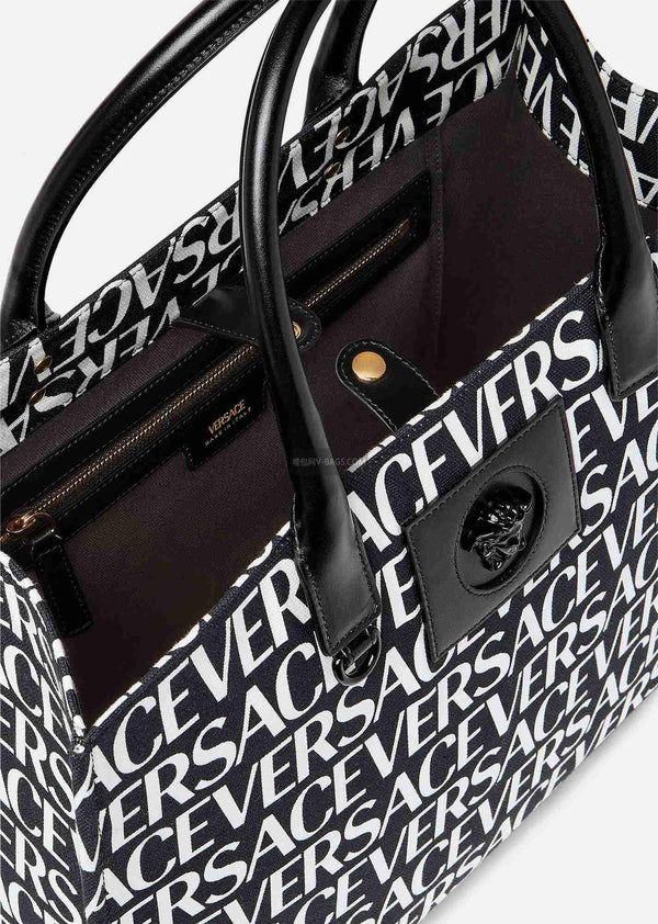Versace Black White Logo Print Denim Canvas Tote Bag 40 With Cowhide Handle 175563