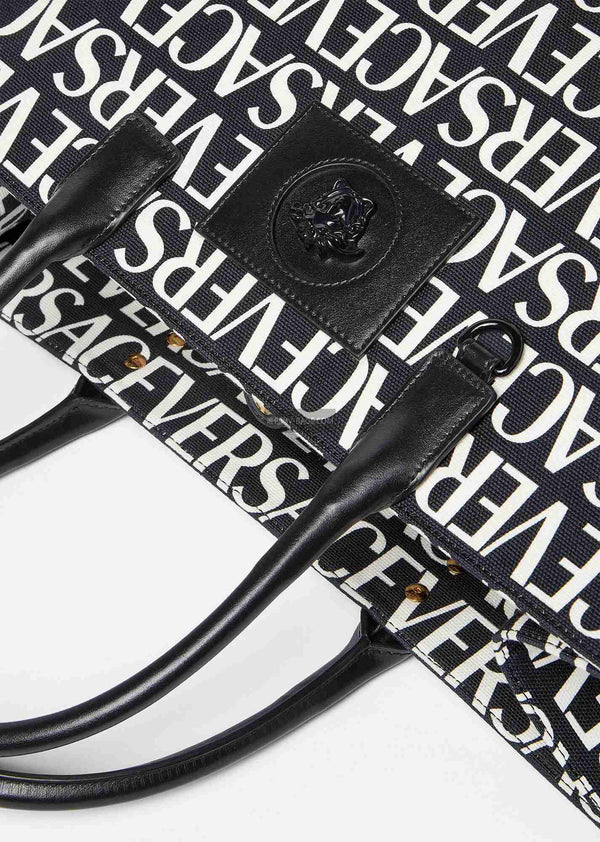 Versace Black White Logo Print Denim Canvas Tote Bag 40 With Cowhide Handle 175563