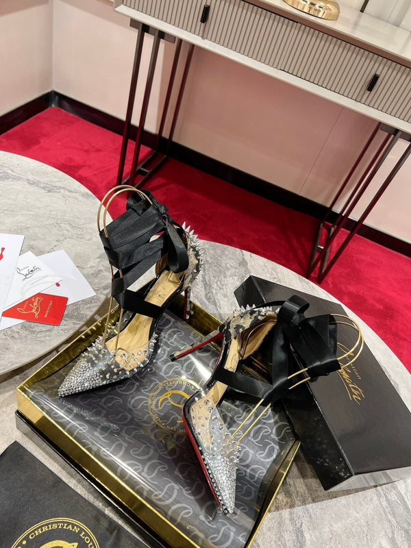 CL Mechante Reine Pumps 100mm Spike Fabric PVC Black