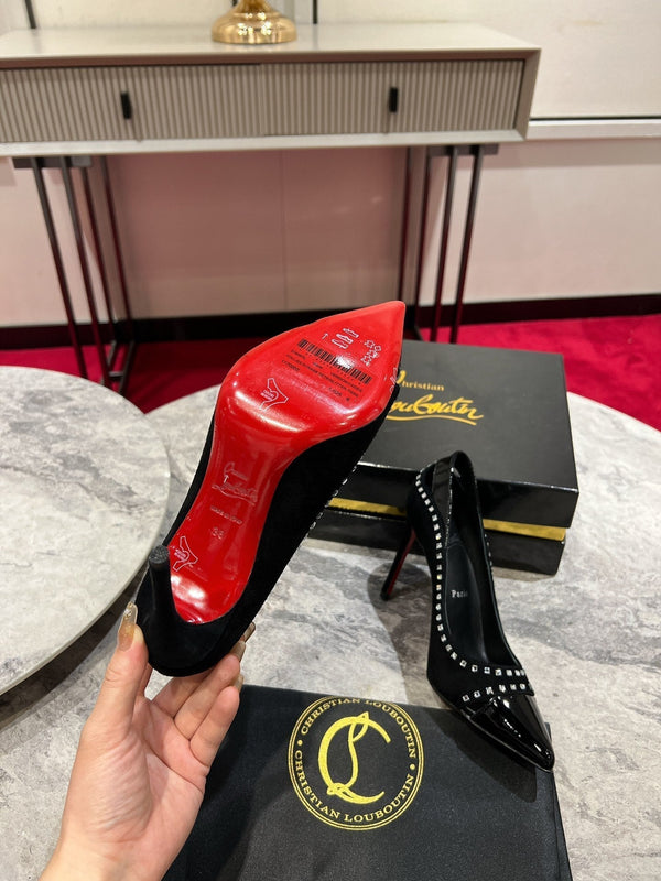 CL Women Pumps Crystals Embellished Patent And Sued Leather Black