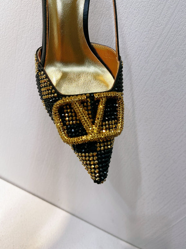 VT High Heeled Slingbacks Black Gold Sheepskin 292827