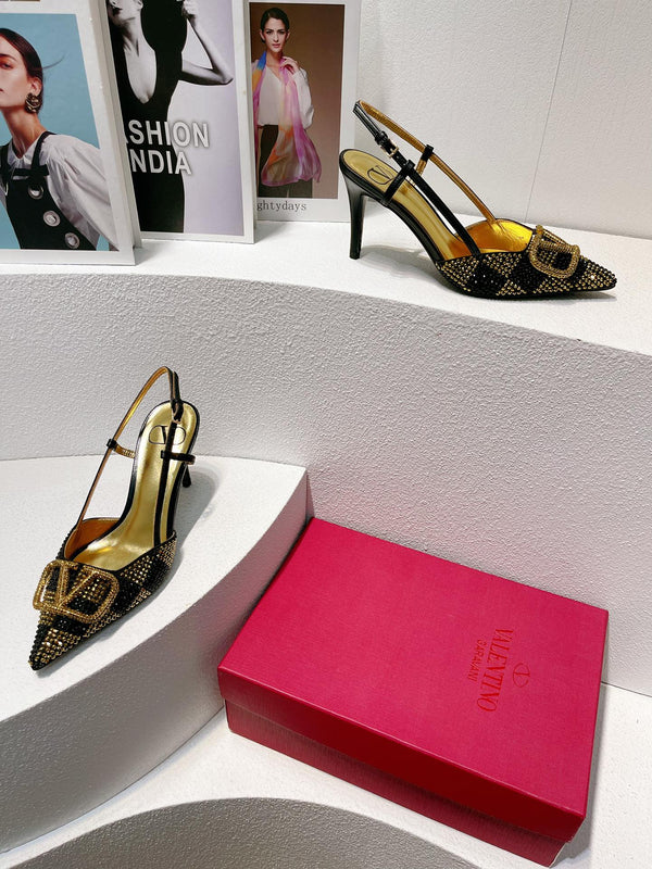 VT High Heeled Slingbacks Black Gold Sheepskin 292827