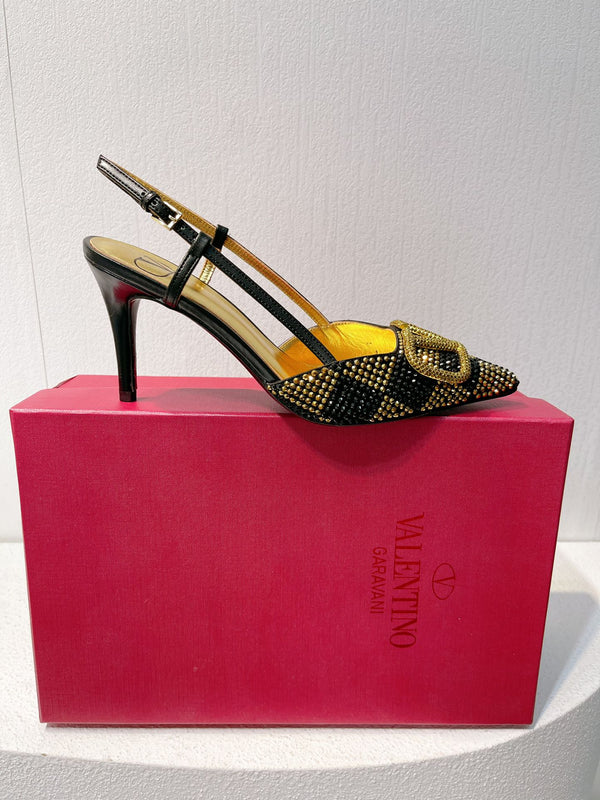 VT High Heeled Slingbacks Black Gold Sheepskin 292827