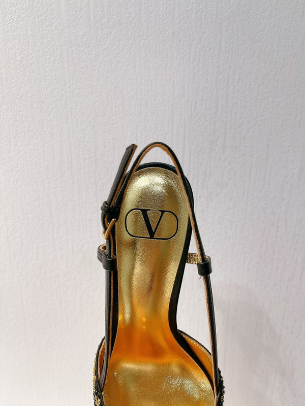VT High Heeled Slingbacks Black Gold Sheepskin 292827