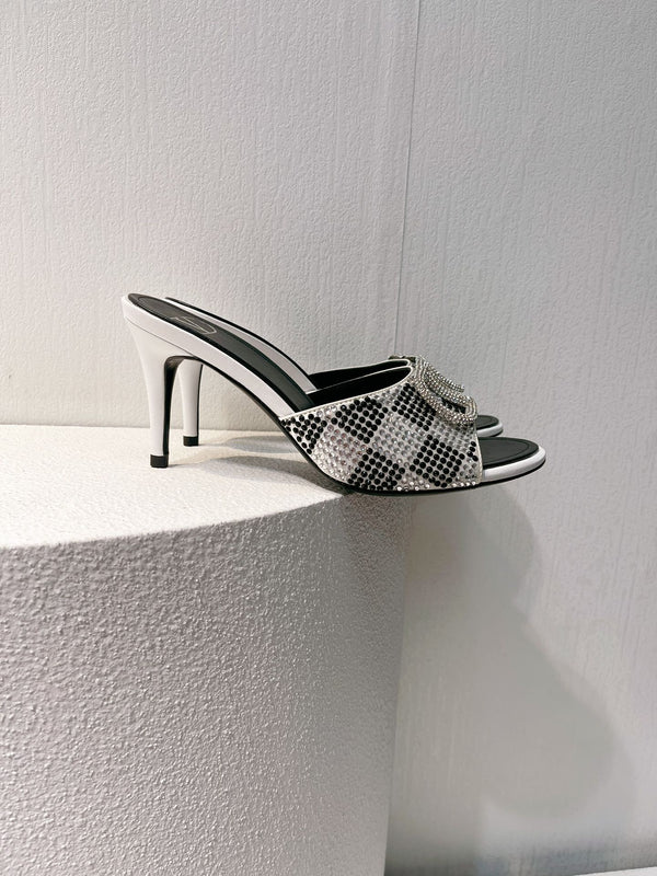 VT High Heeled Sandals Black White Sheepskin 292832