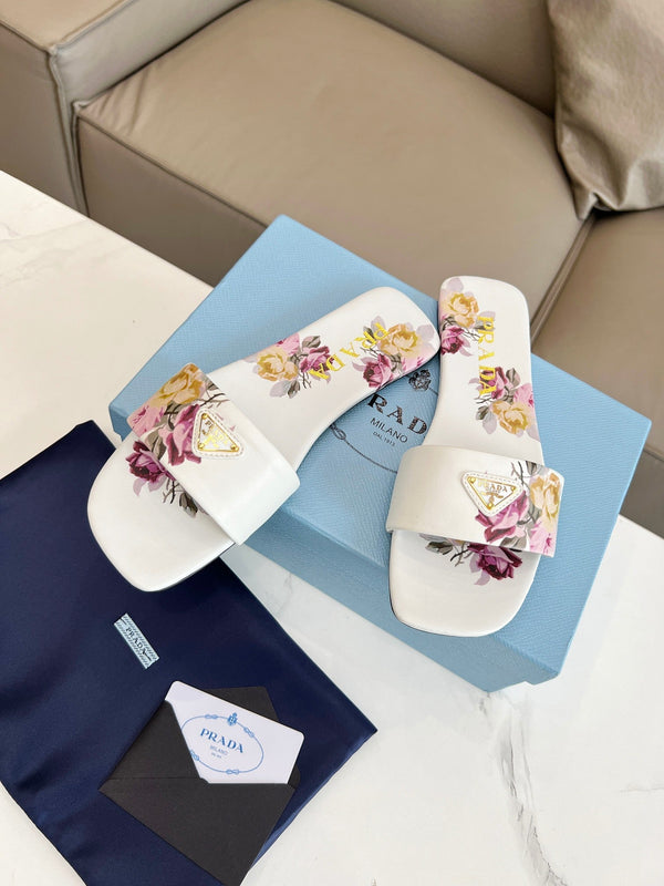 Prad 26s Slide Sandals Floral White Leather 140495