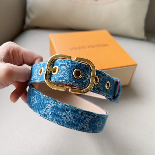 LV 30MM BELT LIGHT BLUE MONOGRAM DENIM GOLD HARDWARE