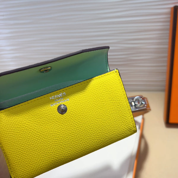 HM KELLY LEMON YELLOW POCKET 18MM BELT CINNAMON BROWN LEATHER SILVER HARDWARE